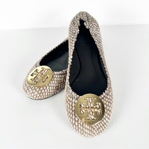 Tory Burch Reva Calf Hair Snakeskin Print Flats Logo Size 8